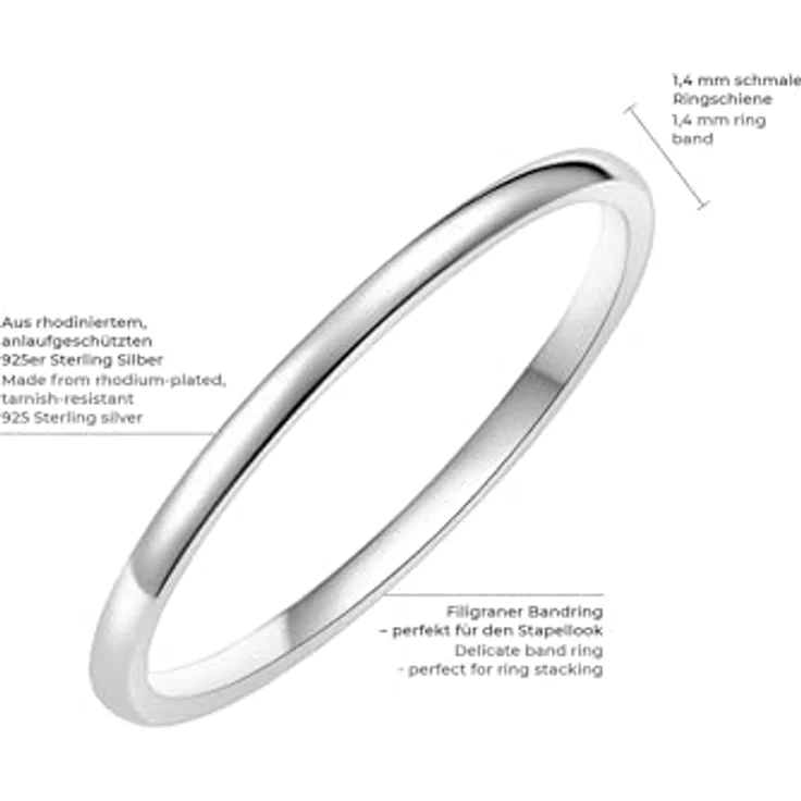 GLANZSTÜCKE MÜNCHEN Damen-Ring 925/- Sterling Silber, filigraner Stapelring aus rhodiniertem Sterlingsilber, 1,4 mm schmal, anlaufgeschützt, inklusive Schmuckbox für Geschenke – Bild 2