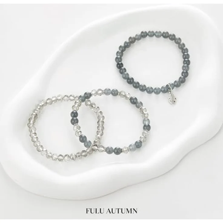 FULU AUTUMN Perlenarmband Set, Mehrschichtiges Stretch Damen-Armband aus Naturstein und Kristall, Boho Modeschmuck in Grau, ideales Geburtstagsgeschenk für Mama und Oma – Bild 2