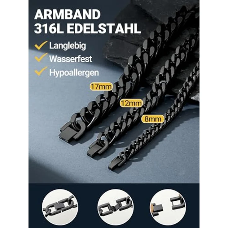 PROSTEEL Herren Armband Edelstahl Panzerkette, 21 cm lang, 17 mm breit, schwarz, leicht und langlebig, elegantes Geschenk in Geschenkbox – Bild 2