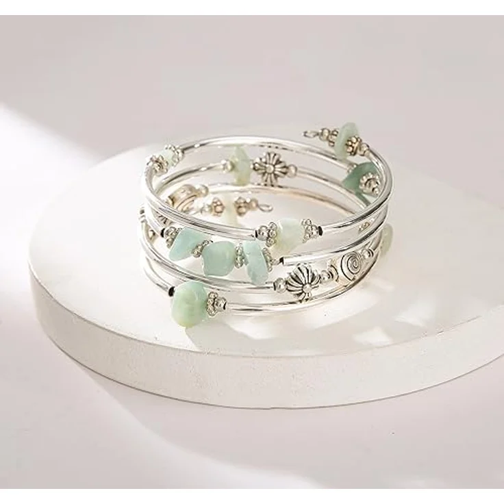 FULU AUTUMN Damen Boho Armband, mehrschichtiges Perlen Wickelarmband aus versilbertem Kupfer und Natursteinen, grün, ideal als Geschenk für Geburtstag und Muttertag – Bild 2