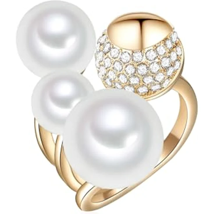 Lulu & Jane Perlenring, Damen-Ring aus gelbvergoldetem Messing mit Muschelkernperlen (8-12 mm) und Glassteinen, glamouröser Cocktailring – Bild 1