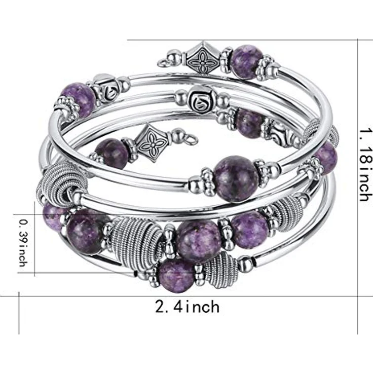 Bulinlin Silber Wickelarmband mit Naturstein Perlen, Boho Mehrschichtiges Damen Armband, Geburtstags Modegeschenk für Frauen, lila – Bild 5