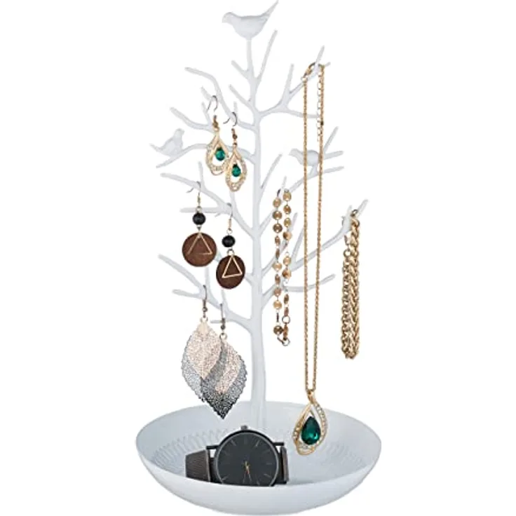 Relaxdays Schmuckständer Baum, Schmuckaufbewahrung für Ketten, Ohrringe & Armbänder, HxBxT 30x16x15 cm, weiß mit Ablagefläche