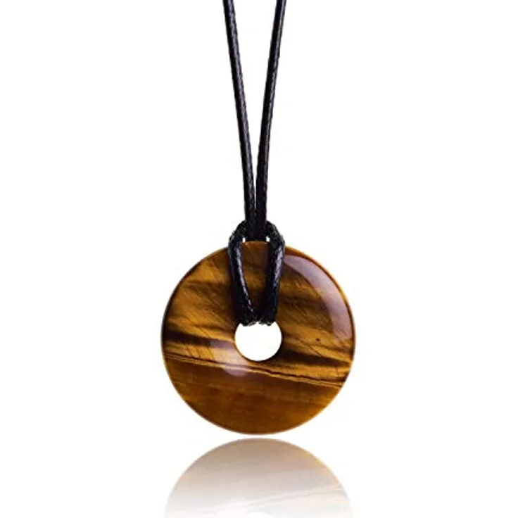 PURAJA Tigerauge Donut Anhänger aus echtem Edelstein, Heilstein Kette mit hochwertigem Kordband, vielseitig einsetzbar als Talisman und Glücksbringer