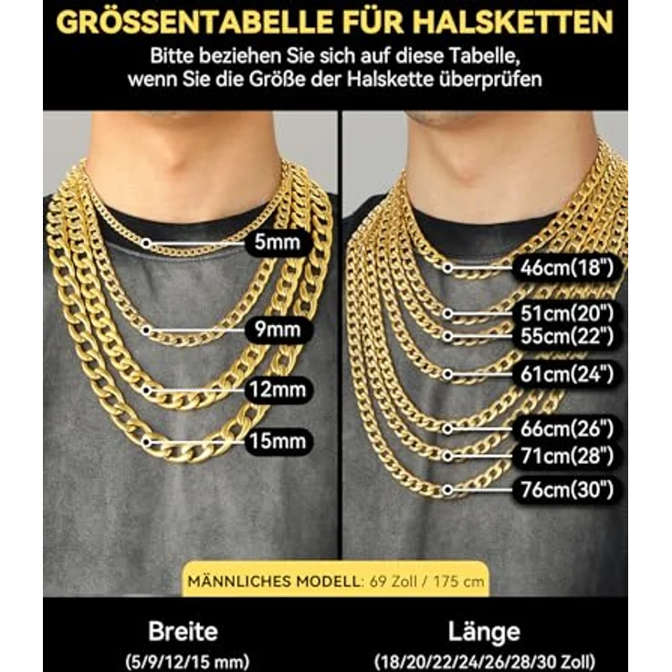ChainsHouse Goldene Edelstahl Halskette Herren, 9mm Kubanische Panzerkette, 55cm, antiallergen, 18k vergoldet – Bild 5
