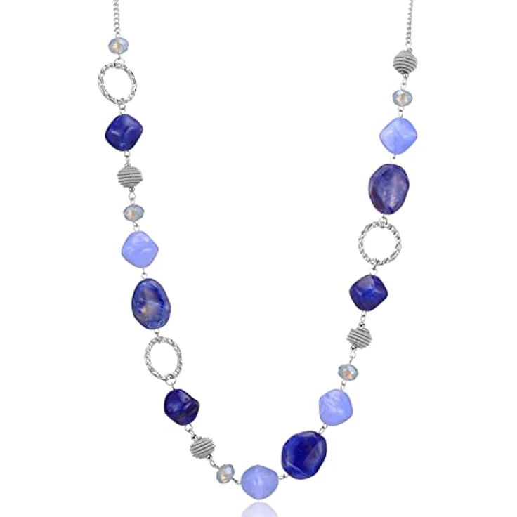 Bulinlin Lange Silber Perlenkette für Damen, Boho Statement Chain Halskette in Dunkelblau, Modeschmuck für Geburtstagsgeschenke – Bild 1
