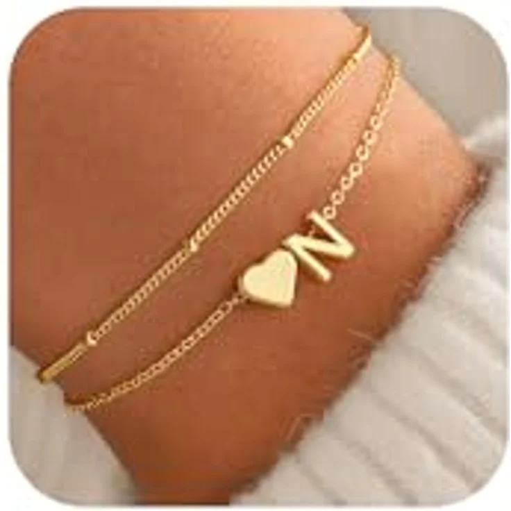 TINGN 14K Gold Vergoldetes Herz Armband für Damen, personalisiertes Buchstabenarmband mit N, mehrschichtiges, verstellbares Design für Teenager und Frauen – Bild 1