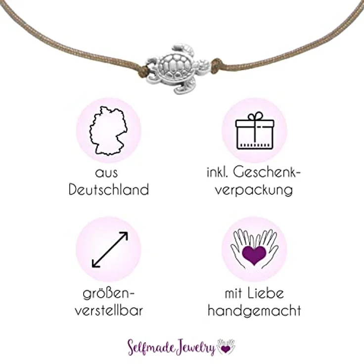 Selfmade Jewelry Armband Damen Schildkröte, handgemachtes Makramee-Armbändchen, größenverstellbar, silber, inkl. Geschenk-Verpackung – Bild 2