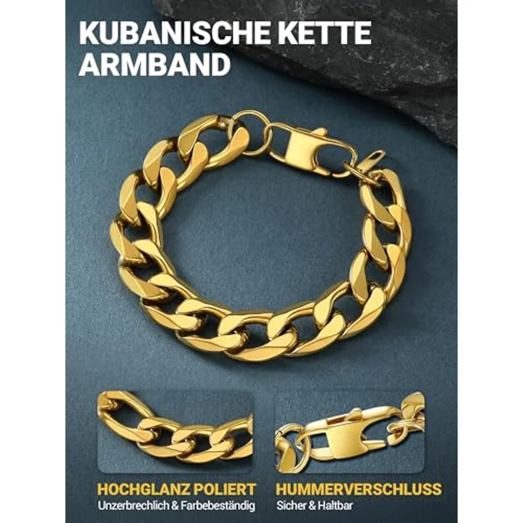 PROSTEEL Panzerarmband Herren, Edelstahl Gliederarmband in Gold, 21cm lang, 13mm breit, wasserdicht und stylisches Miami Design – Bild 3