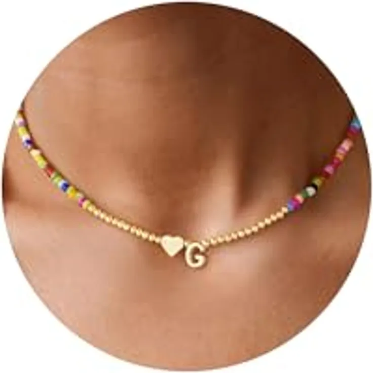 TINGN Bunte Perlenkette mit Buchstaben G, Verstellbare Damen-Halskette aus türkisen Perlen, Personalisiertes Geschenk für Mädchen 11-13 Jahre