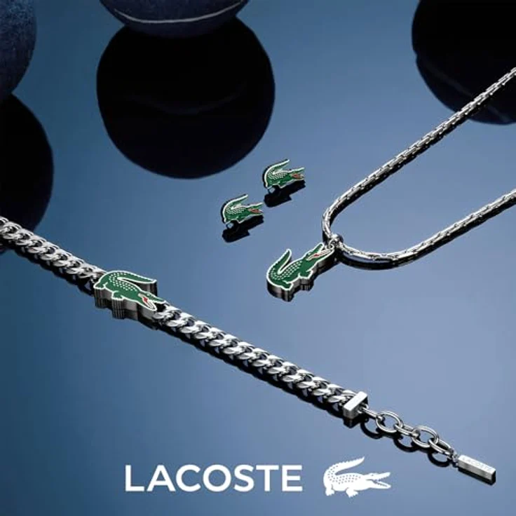 Lacoste ARTHOR Gliederhalskette für Herren, Panzer-Halskette aus poliertem Edelstahl, 55,8 cm, mit farbigem Emaille-Krokodil-Logo und Karabinerverschluss – Bild 5
