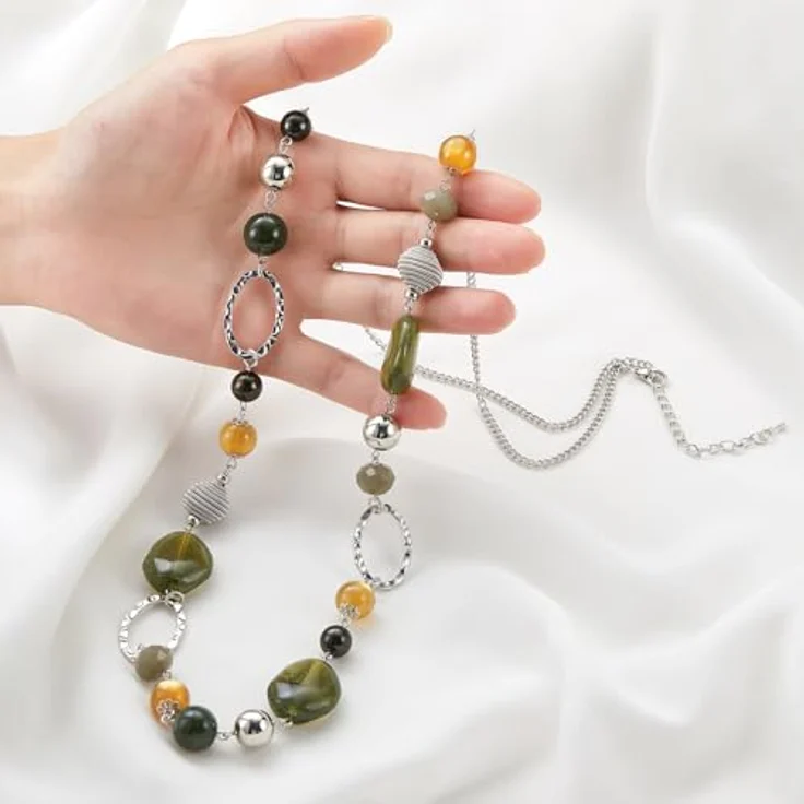 Bulinlin Silber Perplen Lange Kette für Damen, Boho Statement Chain Halskette, 35+3 Zoll, Army Green, Modeschmuck für Geburtstagsgeschenke – Bild 5