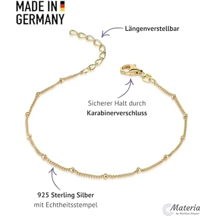 Materia Gold Armkette Damen - 925 Sterling Silber Armband mit Kugeln, längenverstellbar 17-20cm, vergoldet, Made in Germany – Bild 4