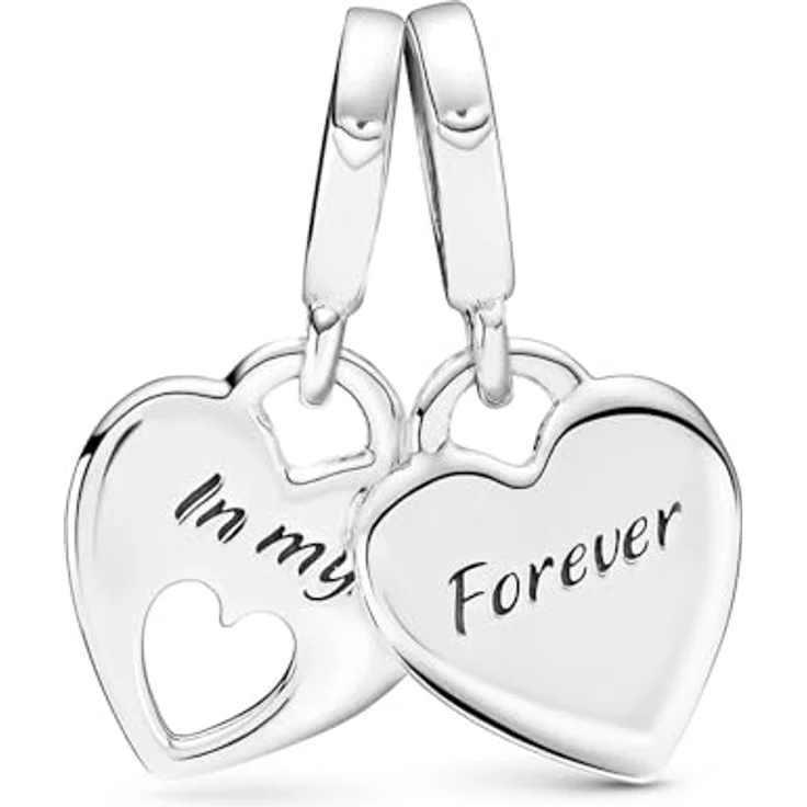 PANDORA Doppeltes Herz Charm-Anhänger, Sterling-Silber mit Gravuren „In my heart“ und „Mother“, Emaille-Herz mit „Daughter“ und „Forever“ – Bild 2