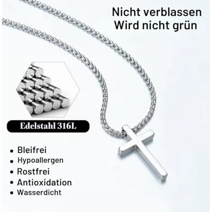 TINGN Kreuz-Halskette Herren, Edelstahl mit schwarzem Kreuz-Anhänger, hypoallergen, 16"-30" einstellbare Länge – Bild 4