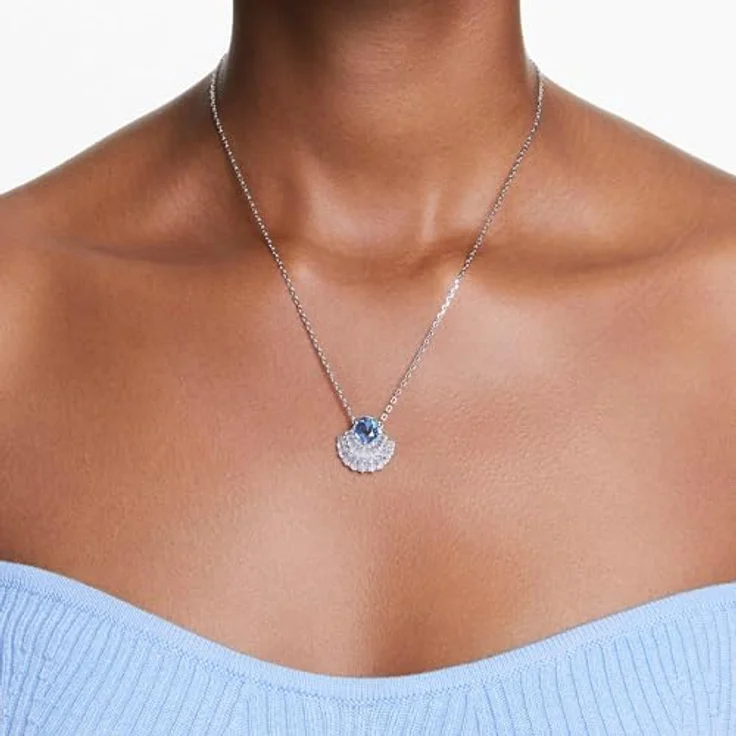 Swarovski Idyllia, Rhodinierte Damenhalskette mit Blaue Muschel-Anhänger und Strahlenden Swarovski Kristallen – Bild 5