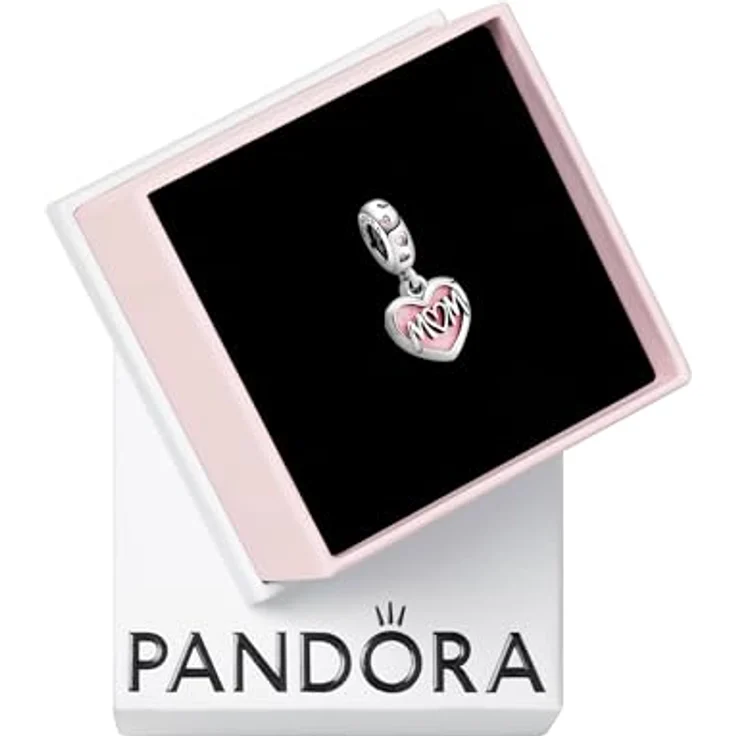 PANDORA Charm "Mom" Herz 798887C01, Sterling-Silber mit rosafarbener Emaille und Cubic Zirkonia, Gravur "I love you" – Bild 1