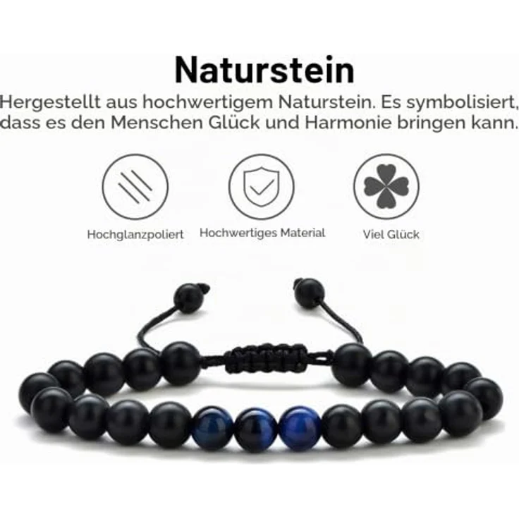 TINGN Tigerauge Armband, Blau, Mattiert, 8mm, Herren Armband für Stressabbau und Meditation, verstellbare Kordel – Bild 4