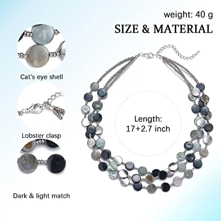 FULU AUTUMN Damen Statement Kette, mehrreihige Muschelkette mit silbernen Perlen, 17 Zoll + 2,7 Zoll Verlängerung, schwarz – Bild 4