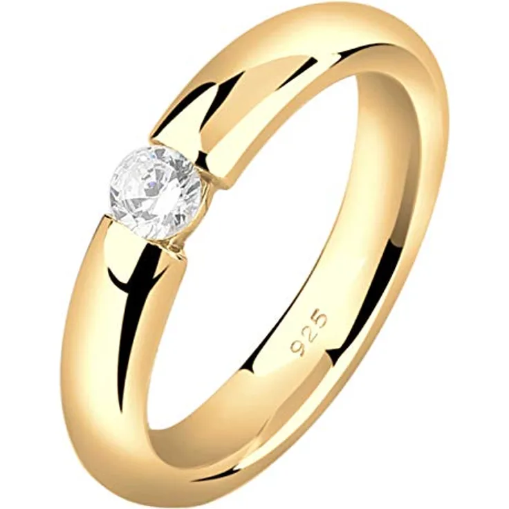 Nenalina Damen Verlobungsring Silber 925, vergoldet mit 4 mm weißem Cubic Zirkonia, Anlaufgeschützt, Hochglanzpoliert