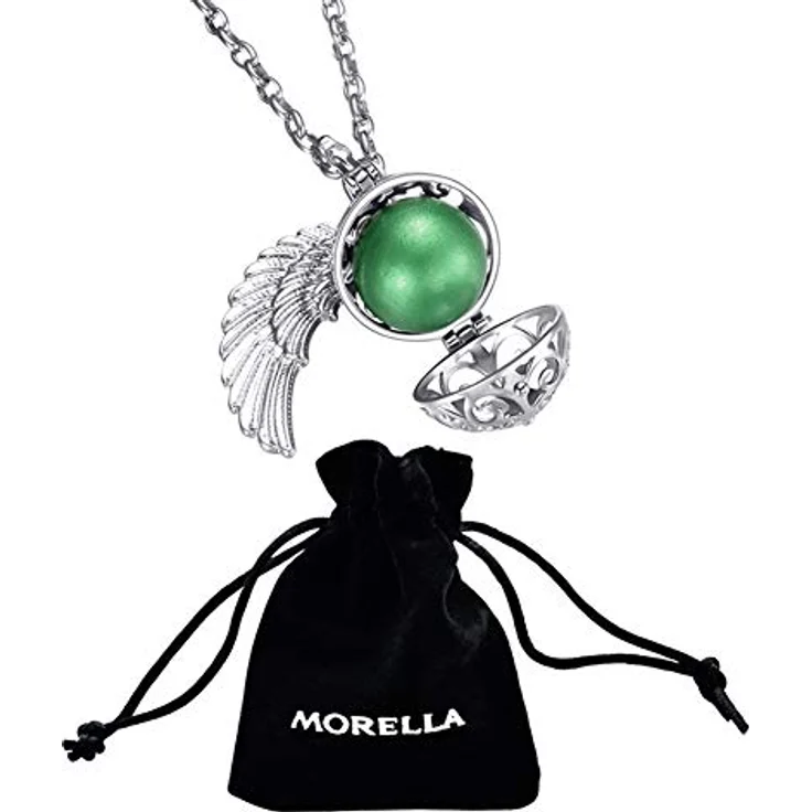 Morella Damen Schutzengel Halskette Edelstahl 70 cm mit Anhänger Engelsflügel, wechselbare grüne Klangkugel Ø 16 mm in Schmuckbeutel – Bild 3