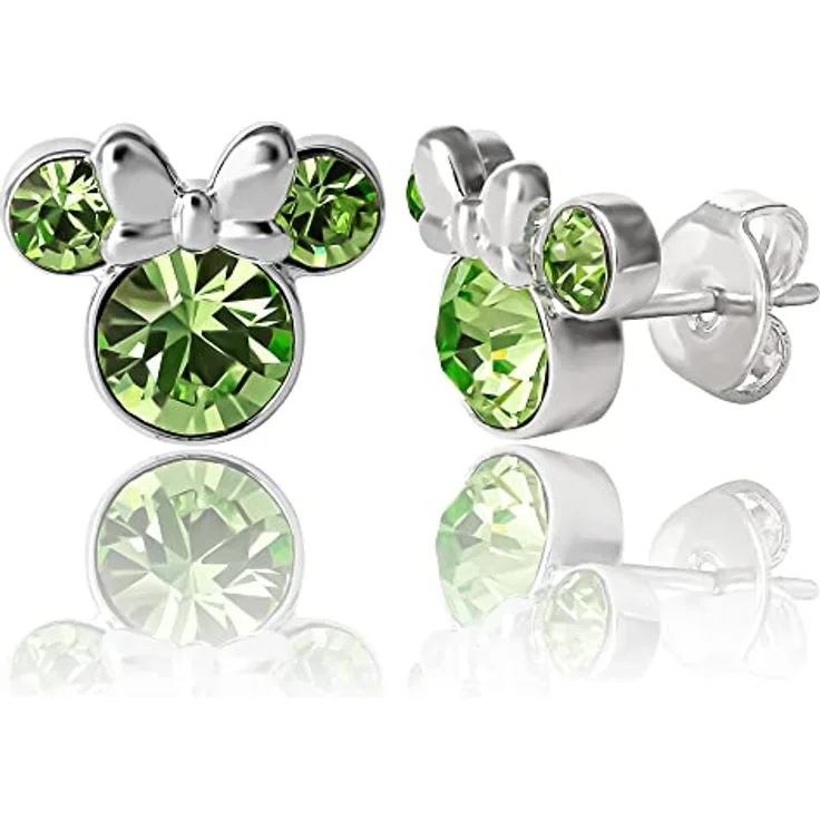 Disney Damen Minnie Mouse Geburtsstein-Ohrstecker mit Peridot-Kristall, silber-blitzbeschichtet