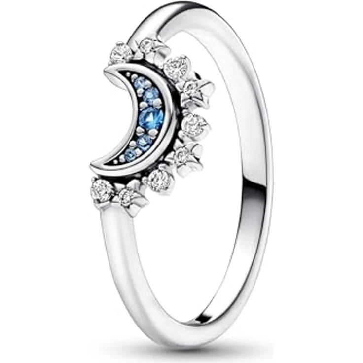 PANDORA Celestial Blue Sparkling Moon Ring 192675C01-60, Damenring aus Sterlingsilber mit blauen Steinen, stapelbar – Bild 1