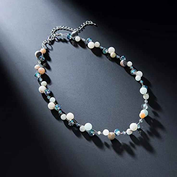 Bulinlin Damen Kristall Perlenkette Boho Statement Choker Halskette, 17 Zoll plus 3 Zoll Verlängerung, Silber Grün – Bild 4