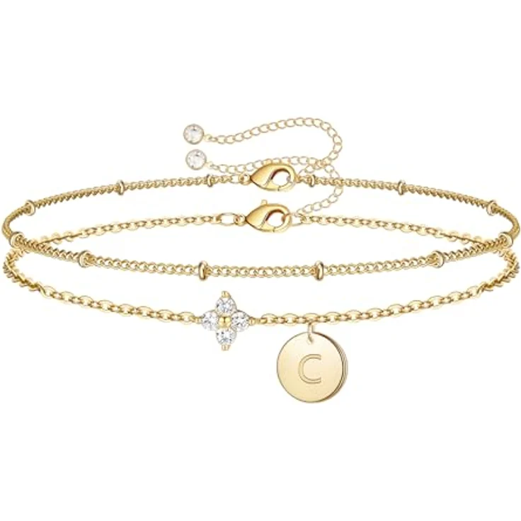 TINGN Gold Armband mit Buchstaben C, 14K goldvergoldet, mehrlagige Gliederkette, 15cm + 5cm Verlängerung, personalisierbares Geschenk für Frauen und Mädchen – Bild 1