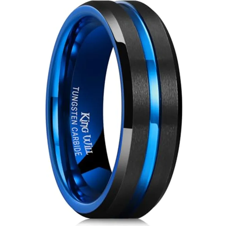 King Will DUO Herren Wolframcarbid-Ring, 7mm schwarz mattiert mit blauer abgeschrägter Kante, Ehering 59.4 (18.9), kratzfest und hypoallergen