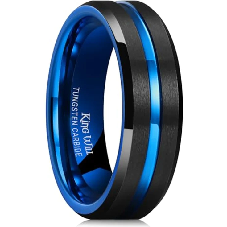 King Will DUO Herren Ehering, 7mm mattierter Wolframcarbid-Ring mit blauer abgeschrägter Kante, Größe 64.7 (20.6) – Bild 1