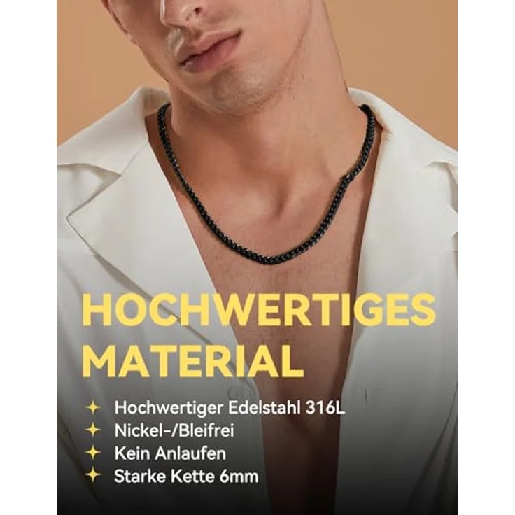 ChainsHouse 6mm Schwarze Edelstahl Herren Panzerkette, 55cm Kubanische Halskette ohne Anhänger für Männer, Hip Hop Halsschmuck – Bild 3
