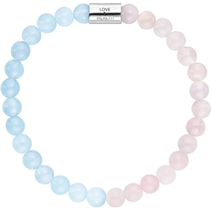 Engelsrufer Damen Stretch-Armband aus Sterling Silber mit 28 Edelstein Perlen, Rosenquarz und Blauer Achat, Love & Health Gravur, nickelfrei, Größe: S