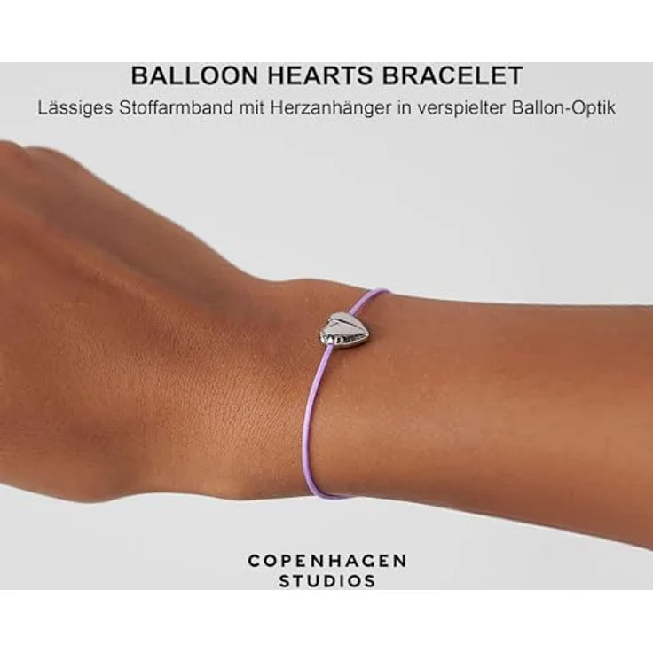 COPENHAGEN STUDIOS Bracelet Balloon Hearts, Damenarmband in lila und silber mit Nylonband & Herzanhänger aus poliertem Edelstahl, stufenlos verstellbar bis 24 cm – Bild 2