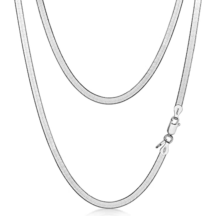 Amberta Damen Flache Schlangen Halskette, 925 Sterling Silber, 3 mm, 50 cm, Fischgrätmuster, Karabinerverschluss – Bild 1