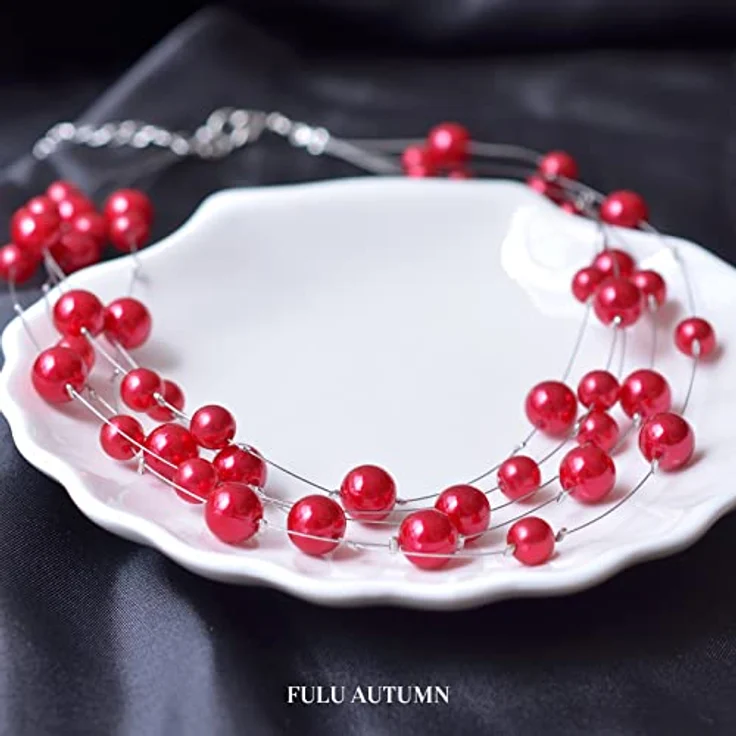 FULU AUTUMN Boho Perlenkette Damen Silber Mehrreihige Statement Kette, Perlen, 17" + 2.7" Verlängerung, rot, Zubehör für Geschenke – Bild 5