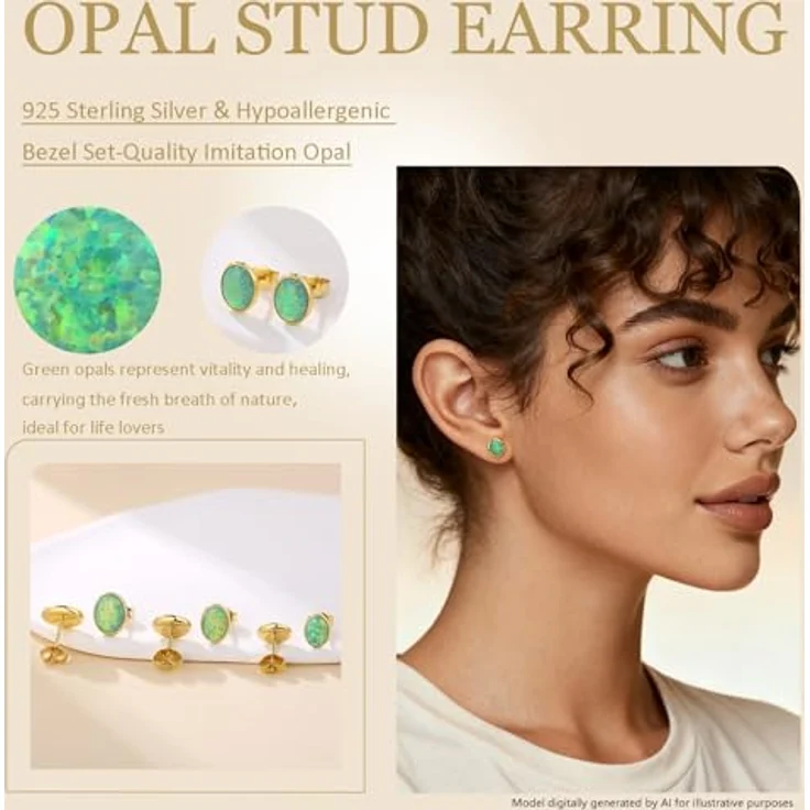 Jiahanzb Opal Ohrringe, 925 Sterling Silber, Ovale Ohrstecker in Grün, Hypoallergen, 7 mm, Vergoldet – Bild 5
