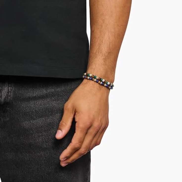 THOMAS SABO Armband mit braunen und blauen Perlen, Stretch-Armband aus Gänseblümchen-Jaspis, Imit. Lapislazuli und Tigerauge, Größe 17 cm – Bild 3