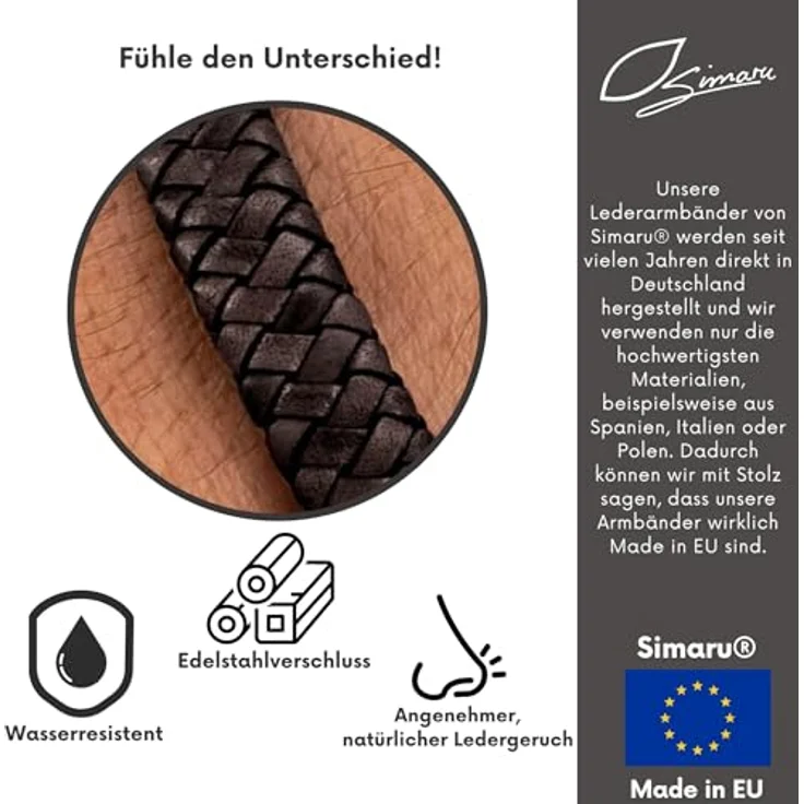 Simaru Narvik Lederarmband, geflochtenes Echtleder-Armband mit Edelstahl-Magnetverschluss, 12mm breit, Made in Germany – Bild 5
