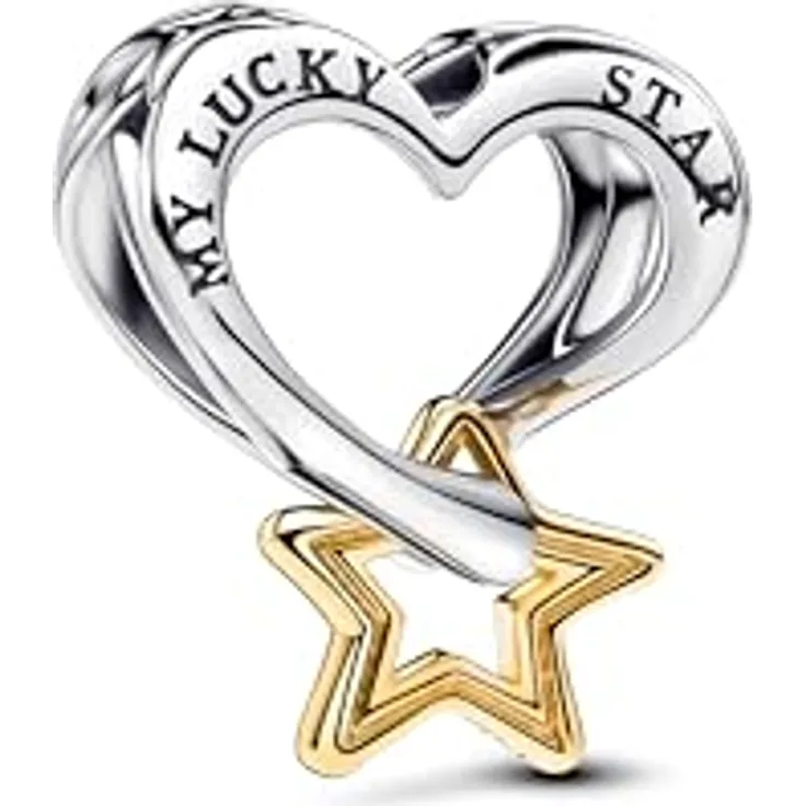 PANDORA Moments Lucky Star & Herz Charm, Sterling Silber mit vergoldeter Metalllegierung, graviert mit „MY LUCKY STAR“, kompatibel mit Moments Armbändern, 763513C00