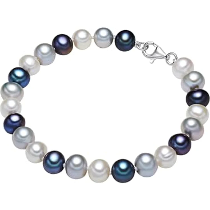 Valero Pearls Damen Perlenarmband, Süßwasser-Zuchtperlen 7-8 mm, Potato, weiß/silber/blau, 925 Sterling Silber, geknotet, Multicolor – Bild 1