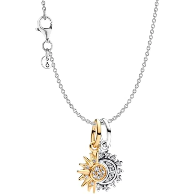 PANDORA Damen-Collier 925 Sterlingsilber Sonne und Mond Set, verstellbare Kette mit Charm-Anhängern und Zirkonia, elegant und alltagstauglich – Bild 1