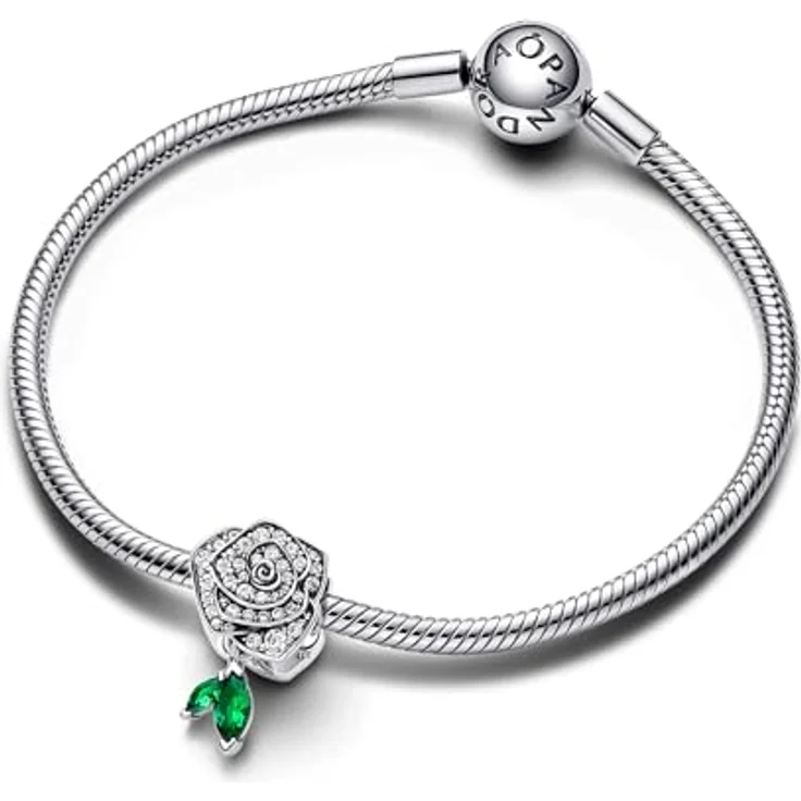 PANDORA Moments Funkelnde Blühende Rose Charm, Sterling Silber mit Zirkonia und grünen Steinen, kompatibel mit Moments Armbändern, 793201C01 – Bild 3
