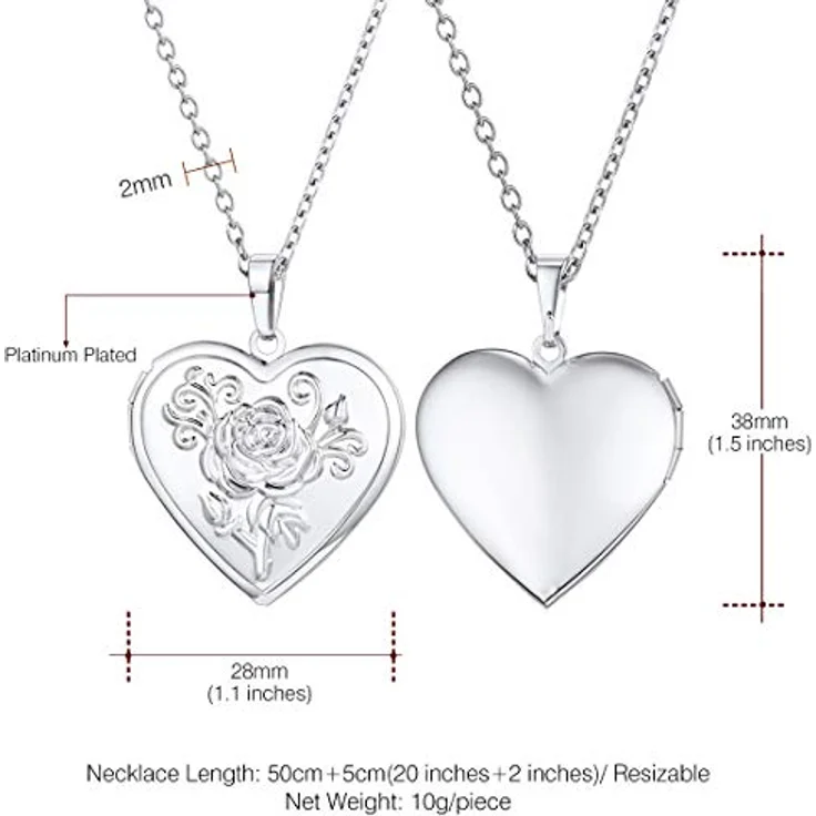 U7 Herz Medaillon zum Öffnen, Rosa Blumen Anhänger für Damen und Mädchen, Weißgold Heart Locket Necklace, 50-55 cm einstellbare Kettenlänge, Vintage Foto Amulett – Bild 3