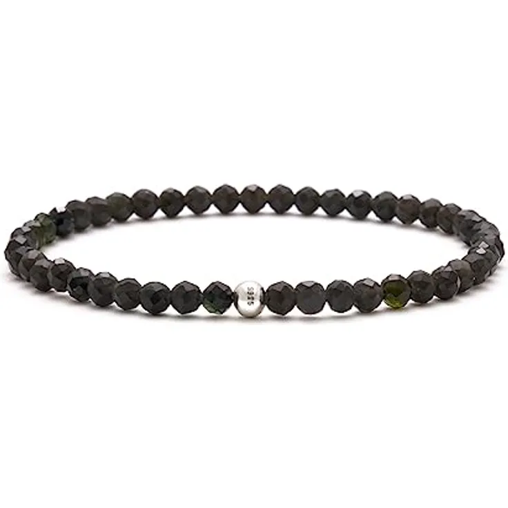 BERGERLIN Obsidian Armband mit 925 Sterling Silberperle, 4 mm facettierte Perlen, Größe M, handmade, inkl. Leinen Säckchen
