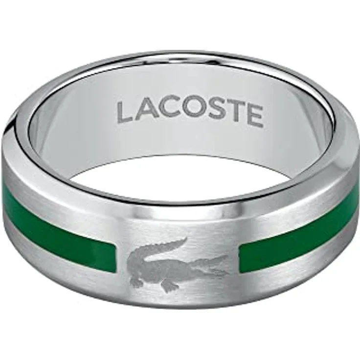 Lacoste Ring für Herren, Kollektion BASELINE, Edelstahl, Größe 66, mit grünem emailliertem Streifen und Krokodillogo