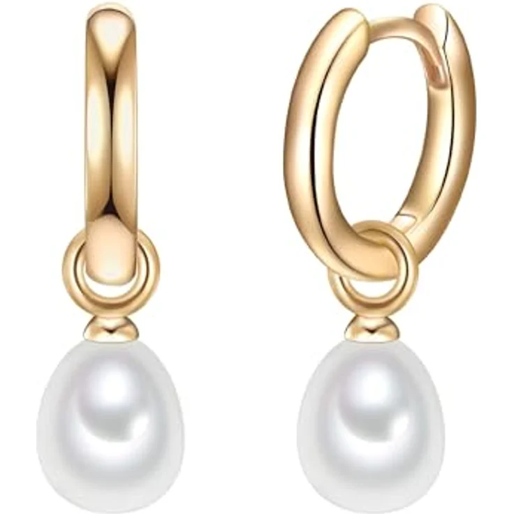 Valero Pearls Damen-Creolen, 925er Sterling Silber gelbvergoldet mit weißen Süßwasser-Zuchtperlen, Ohrhänger in Gelbgold-Optik – Bild 1