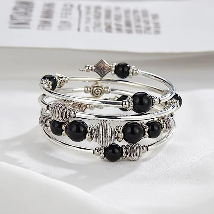 Bulinlin Wickelarmband aus Silber mit Naturstein Perlen, Boho Stil, mehrschichtig, Schwarz, für Damen, Geschenkbox enthalten – Bild 3