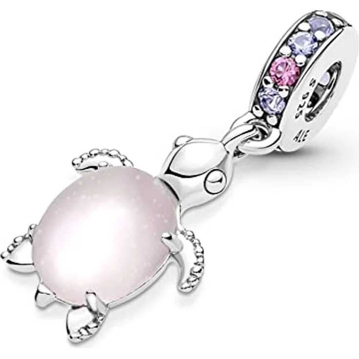 Pandora Murano Glass Pink Sea Turtle Dangle Charm 798939C02, Sterling-Silber mit mattem Rosa und violetten Kristallen, einzigartiges Design mit ausgestanztem Herz – Bild 4