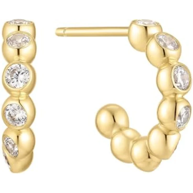 ANIA HAIE Melodic Poet Bezel Beaded Huggie Hoop Ohrstecker, 14k vergoldet, 925er Sterling Silber, 16 Zirkonia, Durchmesser 6,5mm, inkl. Geschenkverpackung – Bild 1